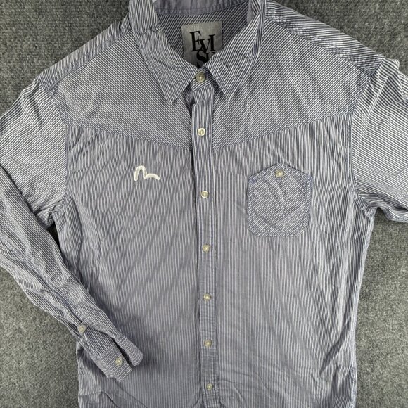 Evisu Medium - XL Button Up Shirt Striped Blue Long Sleeve Designer Pocket Logo - Picture 1 of 16
